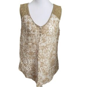 Beige Floral Lace-Trim Tank Top